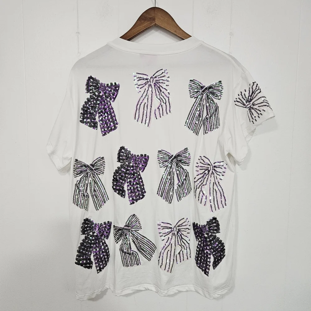 QUEEN OF SPARKLES White Short Sleeve Tee with Purple Sequin Bows - Picture 7 of 9